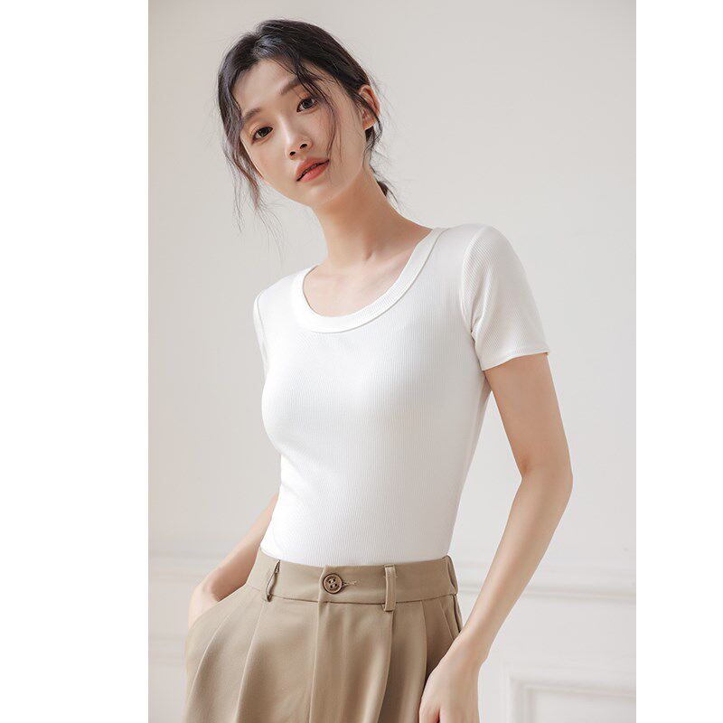 新品U领白色短袖t恤女夏季v大圆领螺纹修身显瘦内搭正肩体恤打底