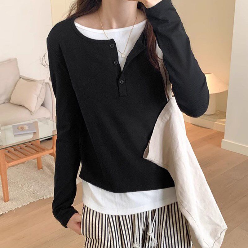 极速2025新款假两件纯棉u长袖t恤女春秋季宽松显瘦打底衫时尚洋气