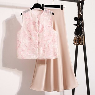 新品新中式马甲两件套裙子套装重工刺绣坎肩N背心夏季欧根纱国风