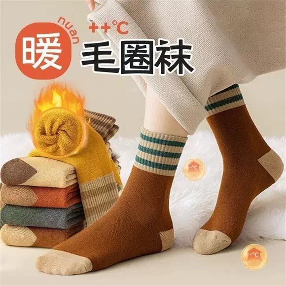 美拉德保暖厚款袜子男女款秋冬季中筒袜条纹保暖中筒袜百搭圣诞袜