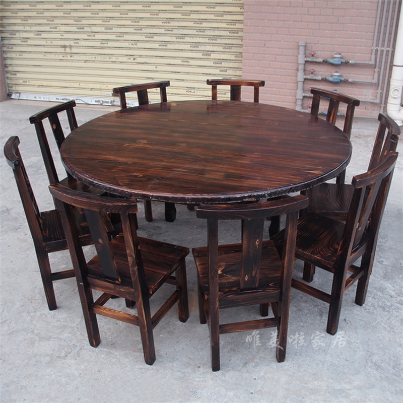 实木中式火锅餐桌椅复古组合火烧木圆桌碳化木饭桌大排档圆形餐桌