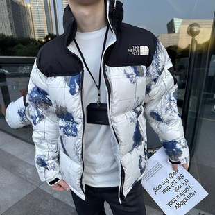 新款背面1996羽绒服黑色大格子短款冬季加厚保暖女外套男款700蓬