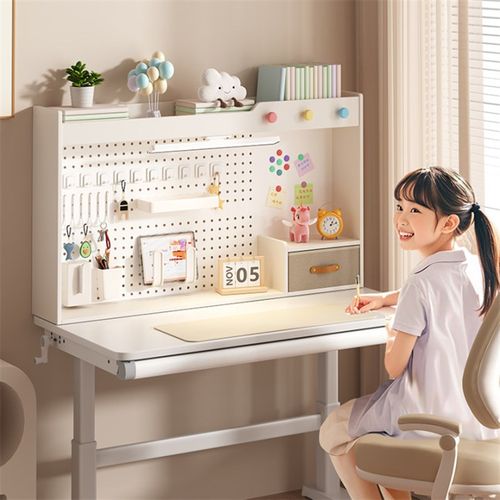 儿童学习桌上洞洞板置物架实木桌面收纳架子学生写字书桌多层书架