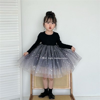 女童闪闪亮片网纱连衣裙2024秋季新款女孩长袖生日礼服裙公主裙子