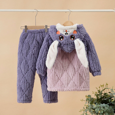 女童睡衣冬季加绒加厚中长款三层夹棉宝宝小孩法兰绒儿童家居服22