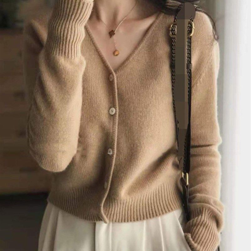 纯羊毛针织开衫女春秋外穿薄款毛衣外套V领短款百搭打底衫潮上衣