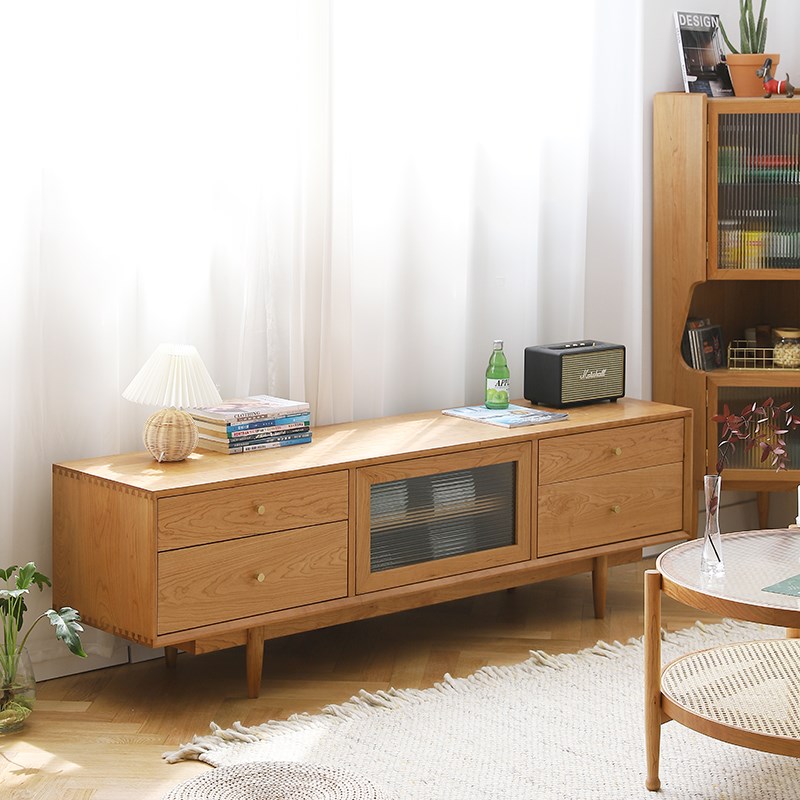 北府家具北欧电视柜茶几组合小户型樱桃木黑胡桃实木日式藤编客厅