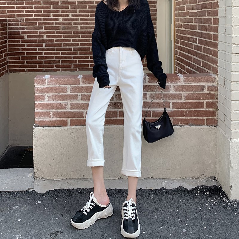 秋季新款白色直筒牛仔裤女梨形身材胖mm显瘦宽松弹力九分烟管裤子