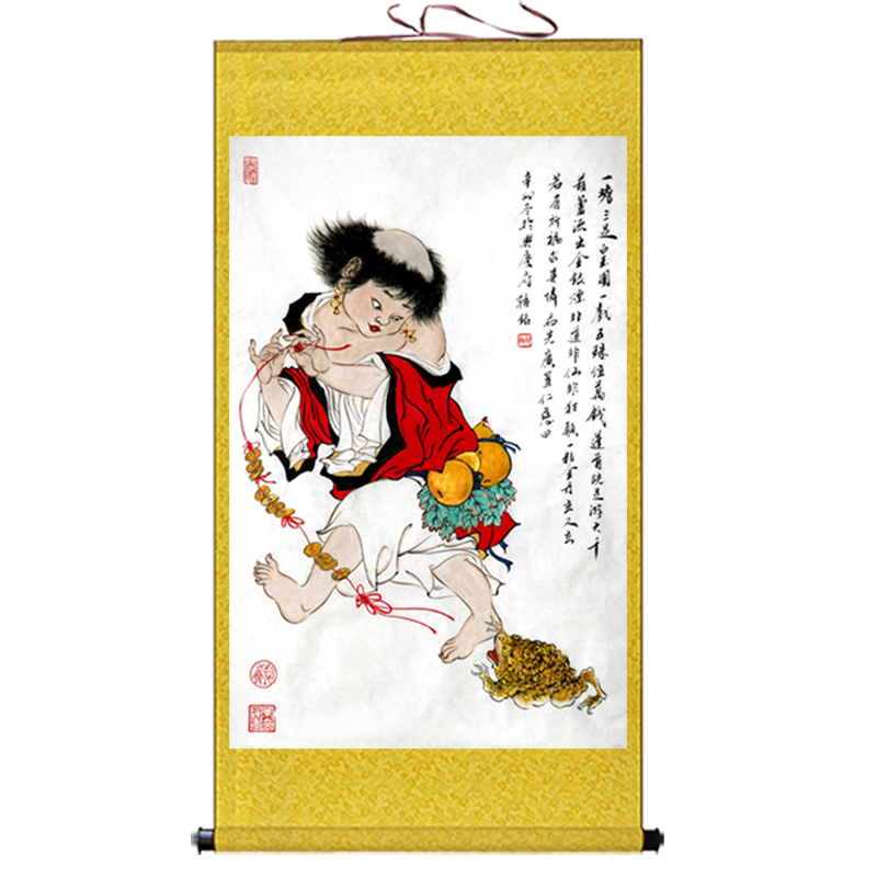 刘海戏金蟾挂画镇宅卷轴画招财童子人物画客厅丝绸画玄关吉祥挂画