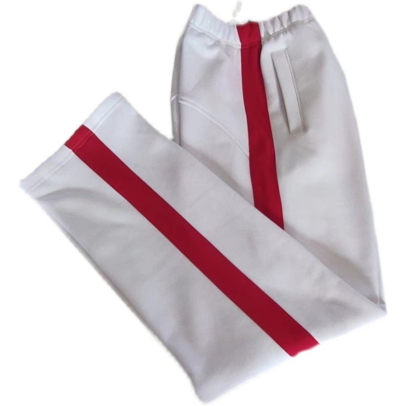 定制北京牛栏山中学白色宽红杠条直筒冬季保暖加绒校服裤子春秋夏
