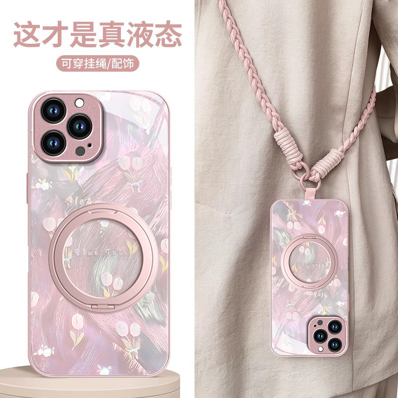 适用苹果16E手机壳15ProMax新款iPhone14清新13镭射小花12mini金属漆11玻璃保护套xs全包6s防摔7/8外壳se3