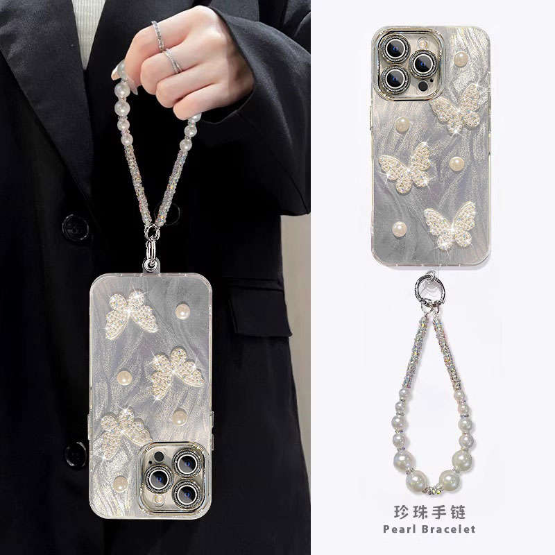 适用苹果系列立体珍珠蝴蝶手机壳