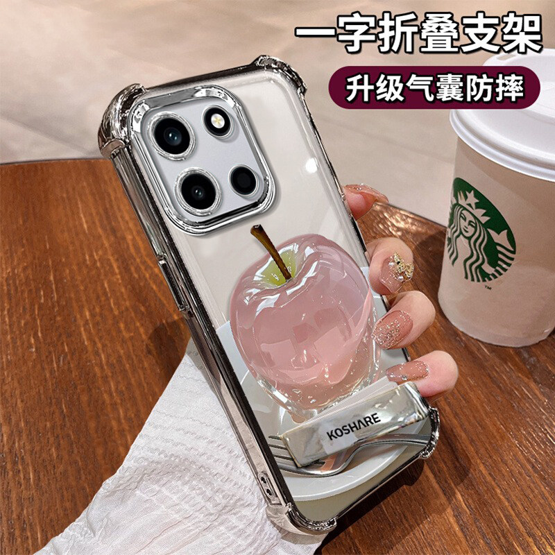 适用一加Turbo6手机壳新款清新创意卡通水晶苹果PLU110电镀硅胶保护套四角防摔外壳隐形支架带挂绳