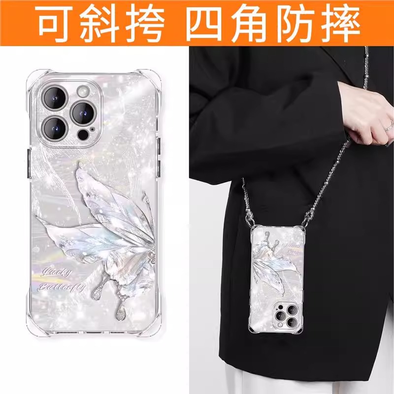 适用水钻蝴蝶苹果16E手机壳iPhone15promax爆款14plus带挂绳13专用12女11防摔i8保护套7p全包xsmax新款外壳