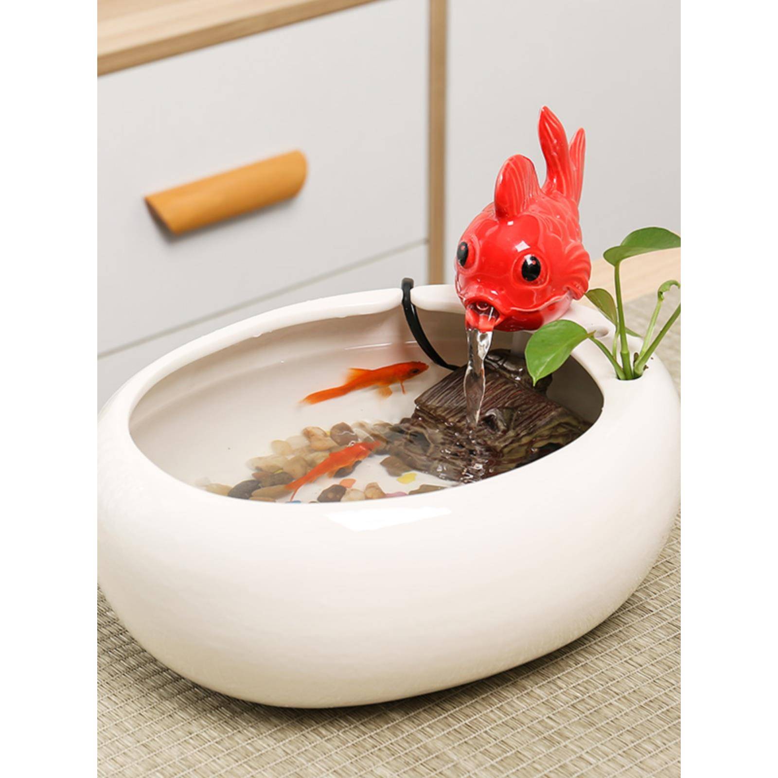 创意陶瓷流水循环鱼缸摆件喷泉流水生财办公室桌面加湿器猫咪饮水