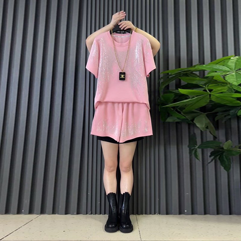 大码女装圆领亮钻短袖上衣松紧腰短裤胖妹妹夏季款休闲亮钻两件套