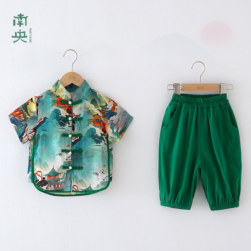 哪咤儿童服装国风汉服男童短袖套装夏季男孩唐装宝宝新中式表演服