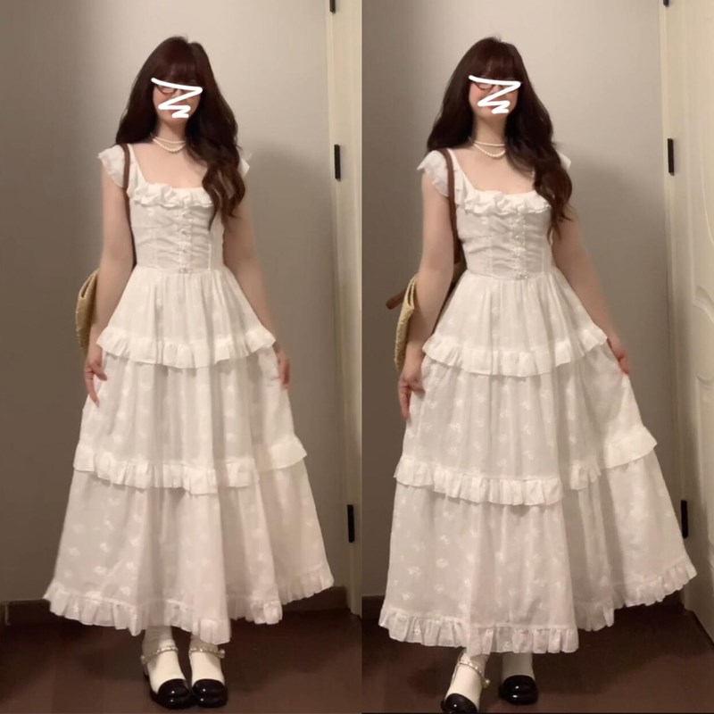 法式白色方领无袖吊带连衣裙子女夏季2025新款小个子收腰显瘦长裙