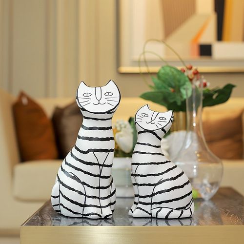 简约现代黑白条纹猫摆件陶瓷客厅玄关电视展示柜餐边柜装饰品创意