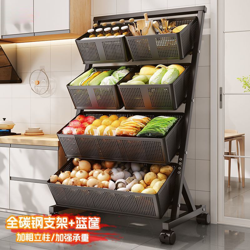 厨房菜篮子置物架落地多层水果蔬菜收纳架可移动斜口多功能小推车