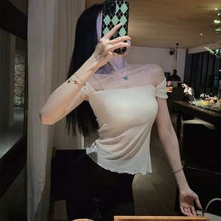 内外 4.27 高集感美式 网纱 上衣小清新吊带背N心女打底上衣女装