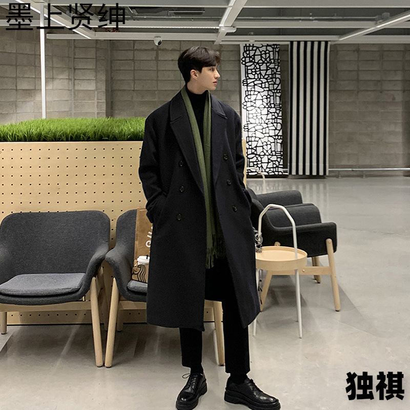 2023新款双排扣外套男中长款秋冬季加厚风衣感韩版毛呢大衣