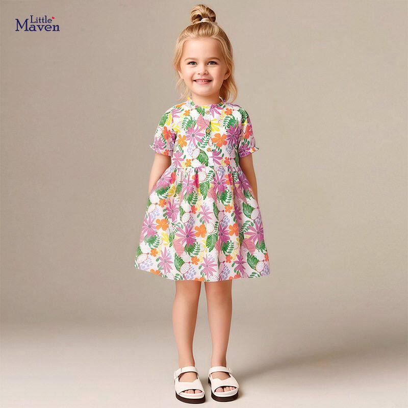 Little maven新款女童连衣裙夏季短袖儿童裙子欧美纯棉梳织公主裙