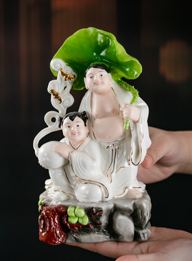 和合二圣陶瓷摆件新中式家居客厅卧室婚房摆件结婚礼物工艺品摆设