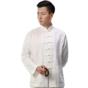 中国风亚麻衬衫 宽松休闲衬衣男士 唐装 男长袖 打底连袖 白色上衣中式