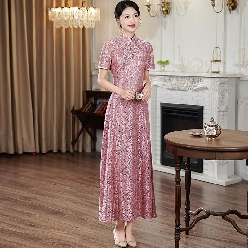 喜婆婆婚宴装蕾丝改良旗袍裙 新中式大摆显M瘦立领年轻喜妈妈礼服