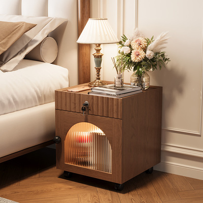 实木床头柜带锁家用卧室带轮可移动小柜子40cm宽30公分窄柜床边柜