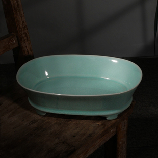 清凉寺仿古釉水仙盆花器茶洗汝窑陶瓷器中式天青色汝窑开片摆件