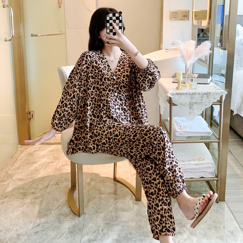 棉绸睡衣女春秋款夏季长袖豹纹家居服性感2023年新款大码两件套装