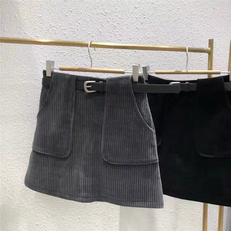 女童灯芯绒半身裙儿童秋冬加绒高腰a字包臀裙宝宝腰带条绒短裙子