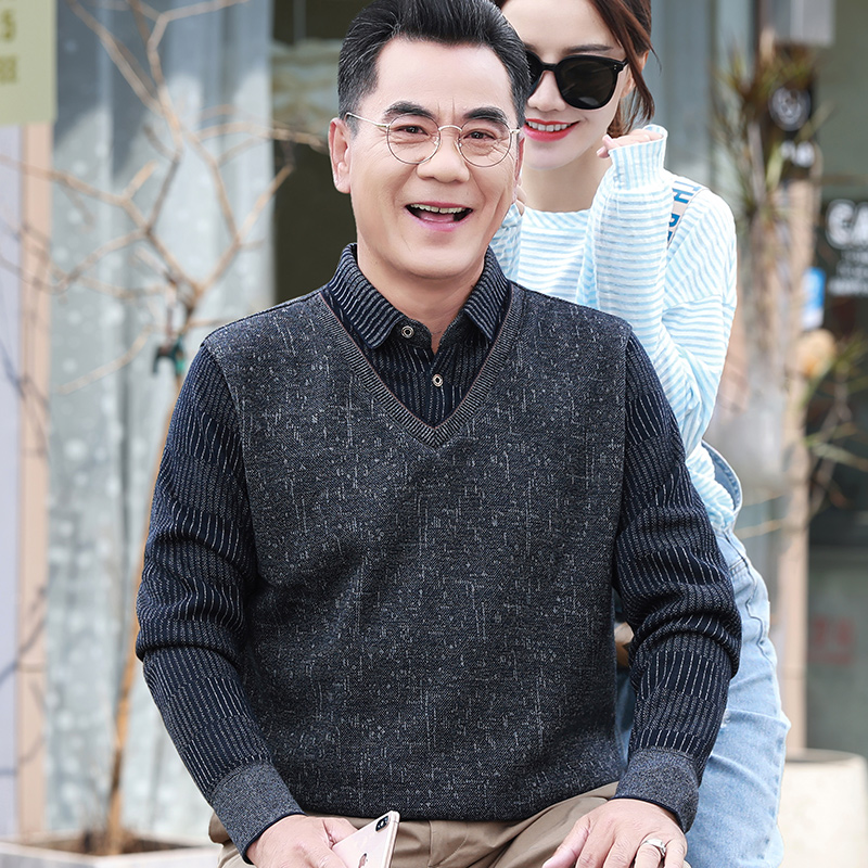 中老年人毛衣男士冬季保暖加绒加厚上衣假两件打底衫秋冬款爸爸装
