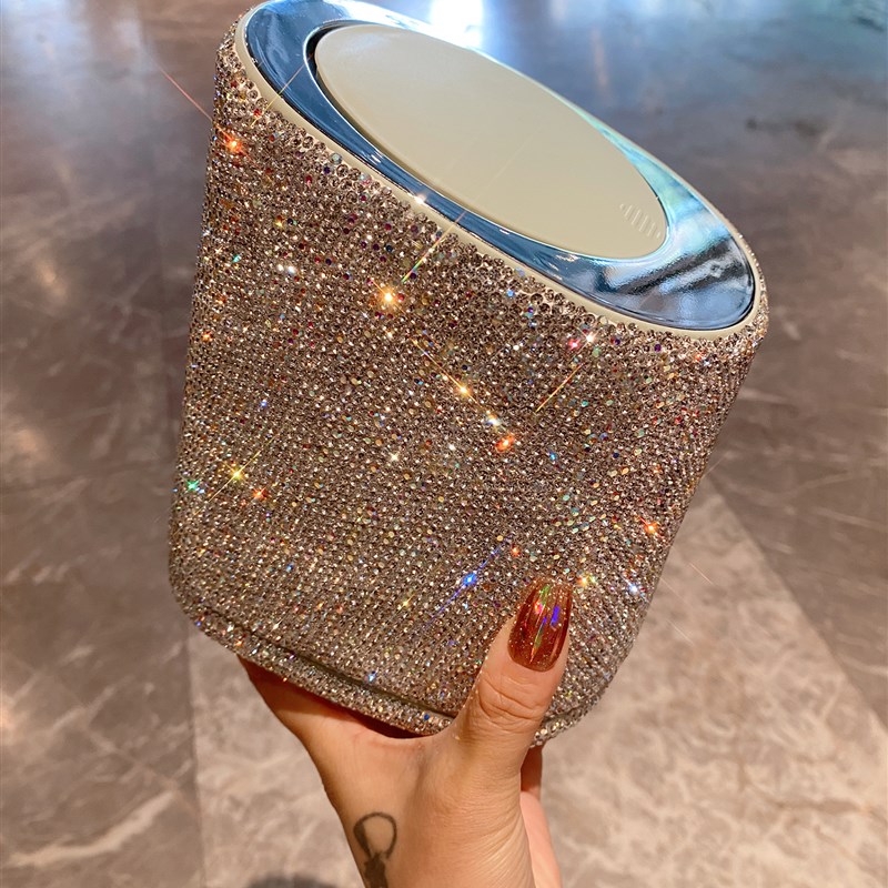 轻奢桌面垃圾桶家用客厅多功能杂物收纳桶高颜值镶钻办公桌按压筒