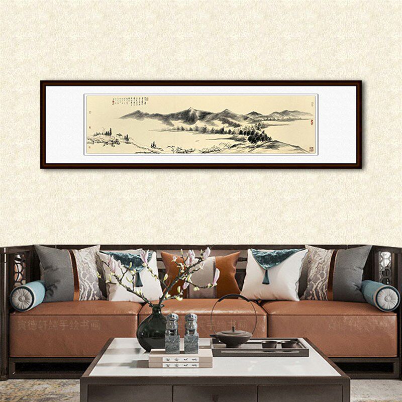 手绘国画 禅意水墨山水画 沙发墙挂画四尺横幅窄长条茶室仿古字画