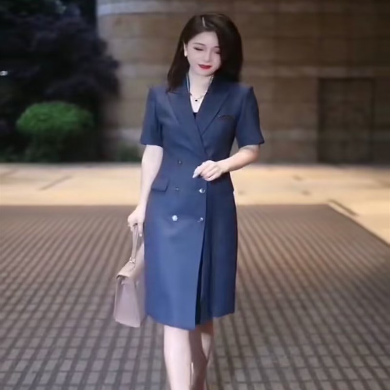 灰色西装职业连衣裙女短袖夏季薄款2023新款小个子气质显瘦工装裙