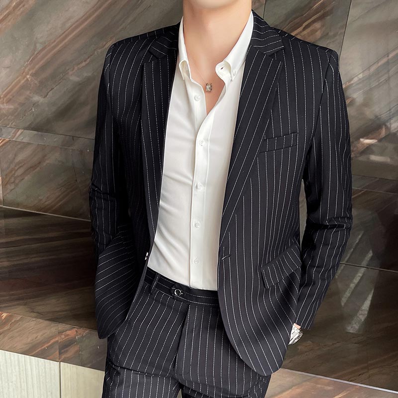 西服三件套高级感西装男商务正装西服套装修身潮条纹新郎结婚礼服