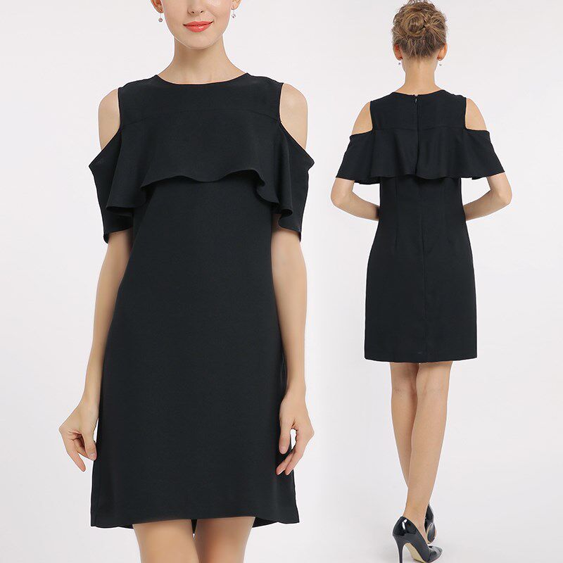 高端精致性感漏肩荷叶边直筒连衣裙子夏大码女露肩粉红色2024新款