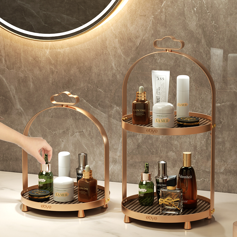 化妆品置物架桌面卫生间浴室护肤品收纳盒洗漱台圆形梳妆台轻奢铝