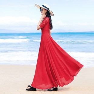 大红色雪纺连衣裙2025新品 大摆波西米亚沙滩长裙女夏 气质显瘦长款