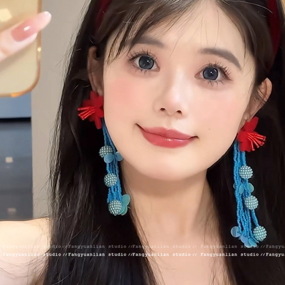 红蓝撞色串珠花朵耳夹女