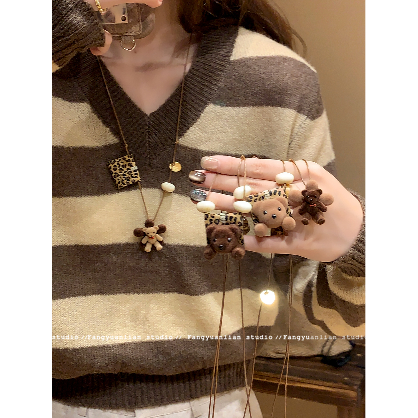 可爱植绒小熊豹纹编织项链女款