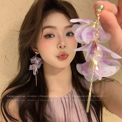 美丽轰鸣 紫色网纱流苏花朵耳环女气质长款耳坠耳钉独特夸张耳饰