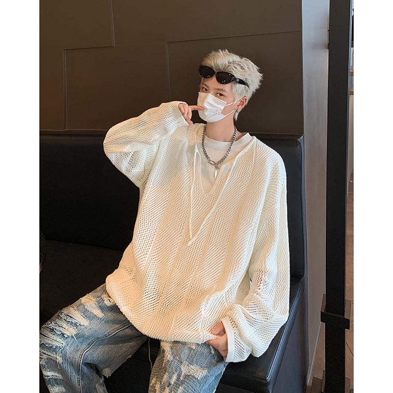 时尚V领系绳防嗮镂空长袖针织T恤男女小众白色设计感薄毛衣衬衣潮