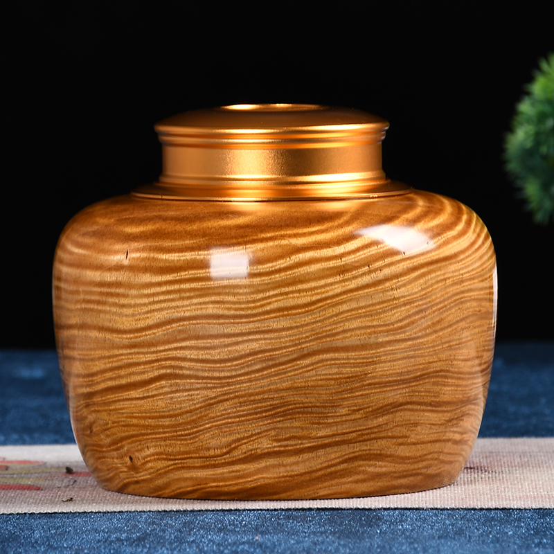 金丝楠木茶叶罐实木满水波纹储物存茶密封罐家用装饰摆件木质茶盒