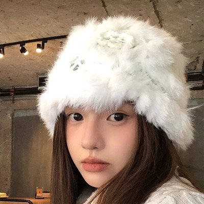 聚盛优品毛绒帽子女冬加厚保暖毛线针织帽白色兔毛渔夫帽显脸小帽