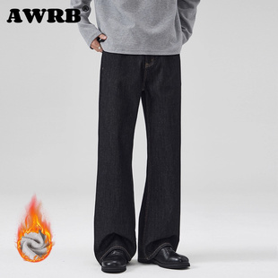 AWRB老钱风加绒原黑蓝牛A字牛仔裤 潮 直筒宽松高级感vintage长裤