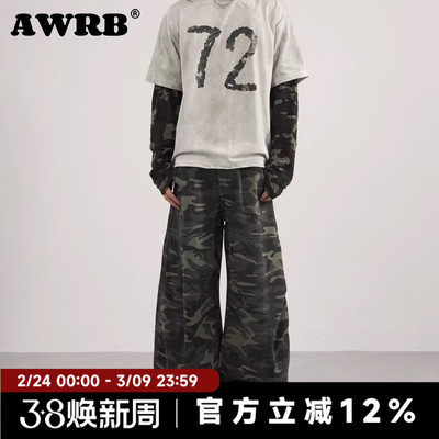 AWRB美式复古嘻哈迷彩弯刀裤男女休闲情侣宽松阔腿休闲长裤